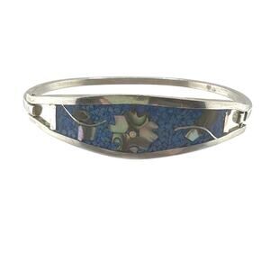 Vintage Alpaca Mexican Blue Mosaic Abalone Floral Bracelet